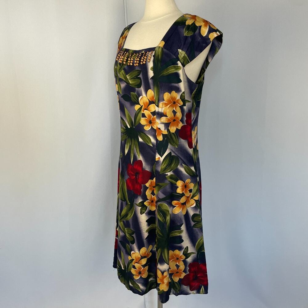 Vintage Dress Size 14 Blue Tropical Floral Hawaii Beach Open Back Beaded 90s - Picture 7 of 15
